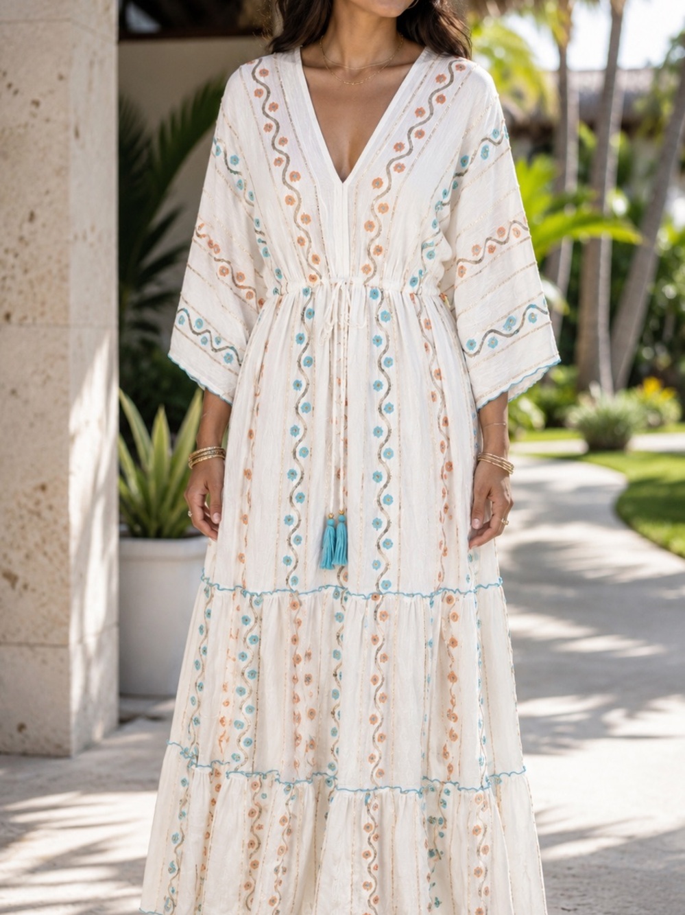 Boho Embroidered Maxi Dress - Ivory with Turquoise & Coral